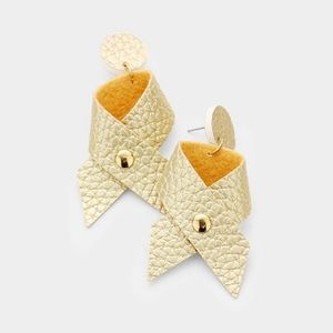 Gold Bow Ribbon Leather Dangle Earrings 2.75" Fashion Jewelry Accessory